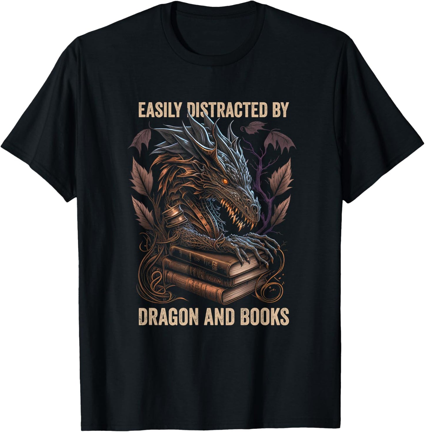 Easily Distracted By Dragons And Books Nerd Dragon Book T-Shirt - T-Shirt | Black