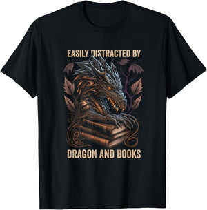 Easily Distracted By Dragons And Books Nerd Dragon Book T-Shirt - T-Shirt | Black