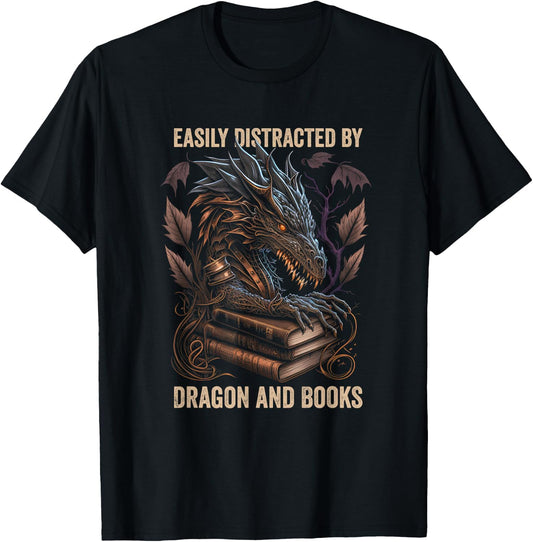 Easily Distracted By Dragons And Books Nerd Dragon Book T-Shirt - T-Shirt | Black