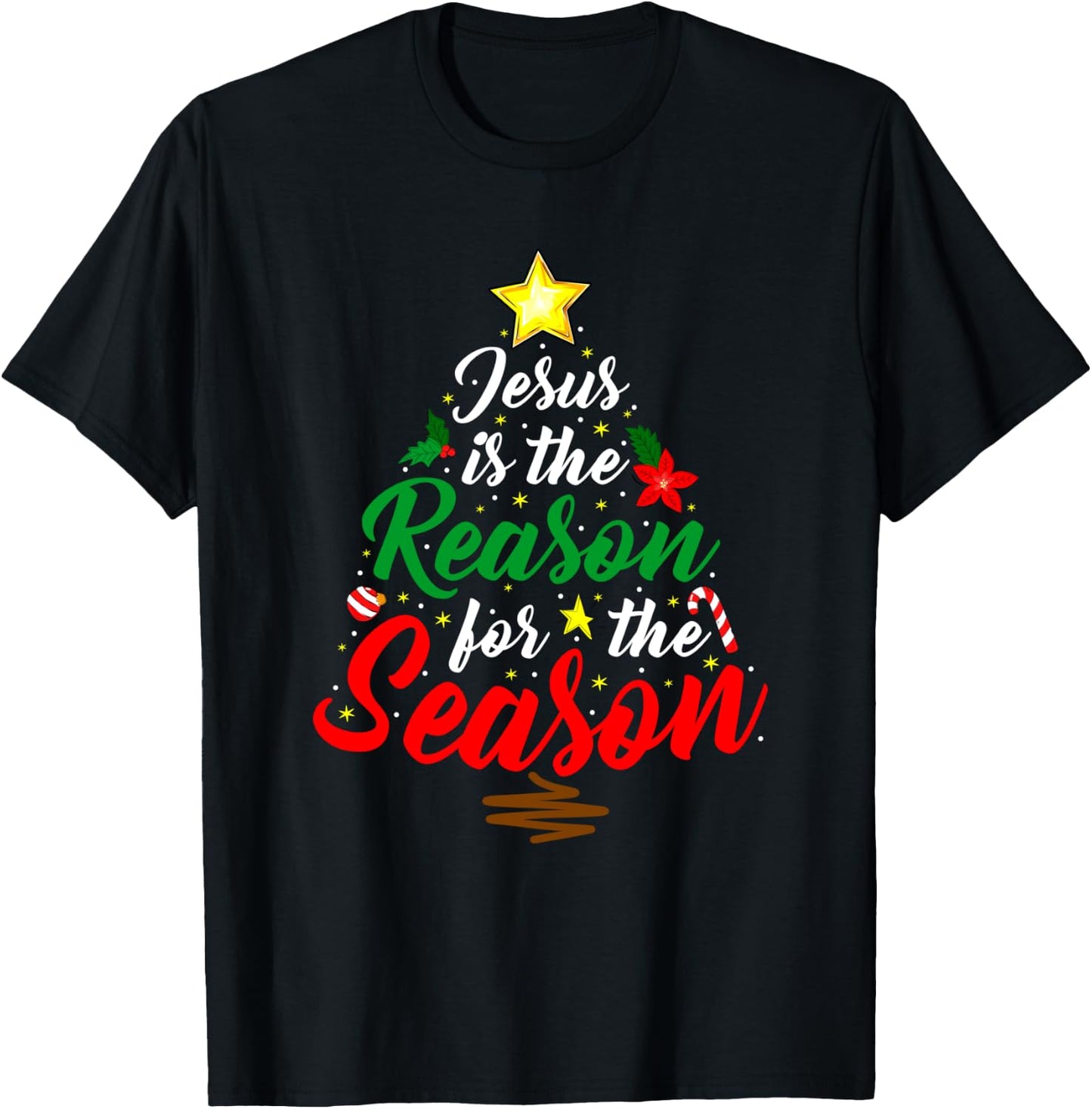 Christian Jesus The Reason Christmas Tree Xmas Religious T-Shirt - T-Shirt | Black