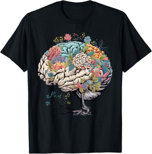 Floral Anatomical Brain Tree Mental Health Awareness T-Shirt - T-Shirt | Black
