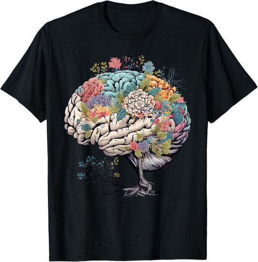 Floral Anatomical Brain Tree Mental Health Awareness T-Shirt - T-Shirt | Black