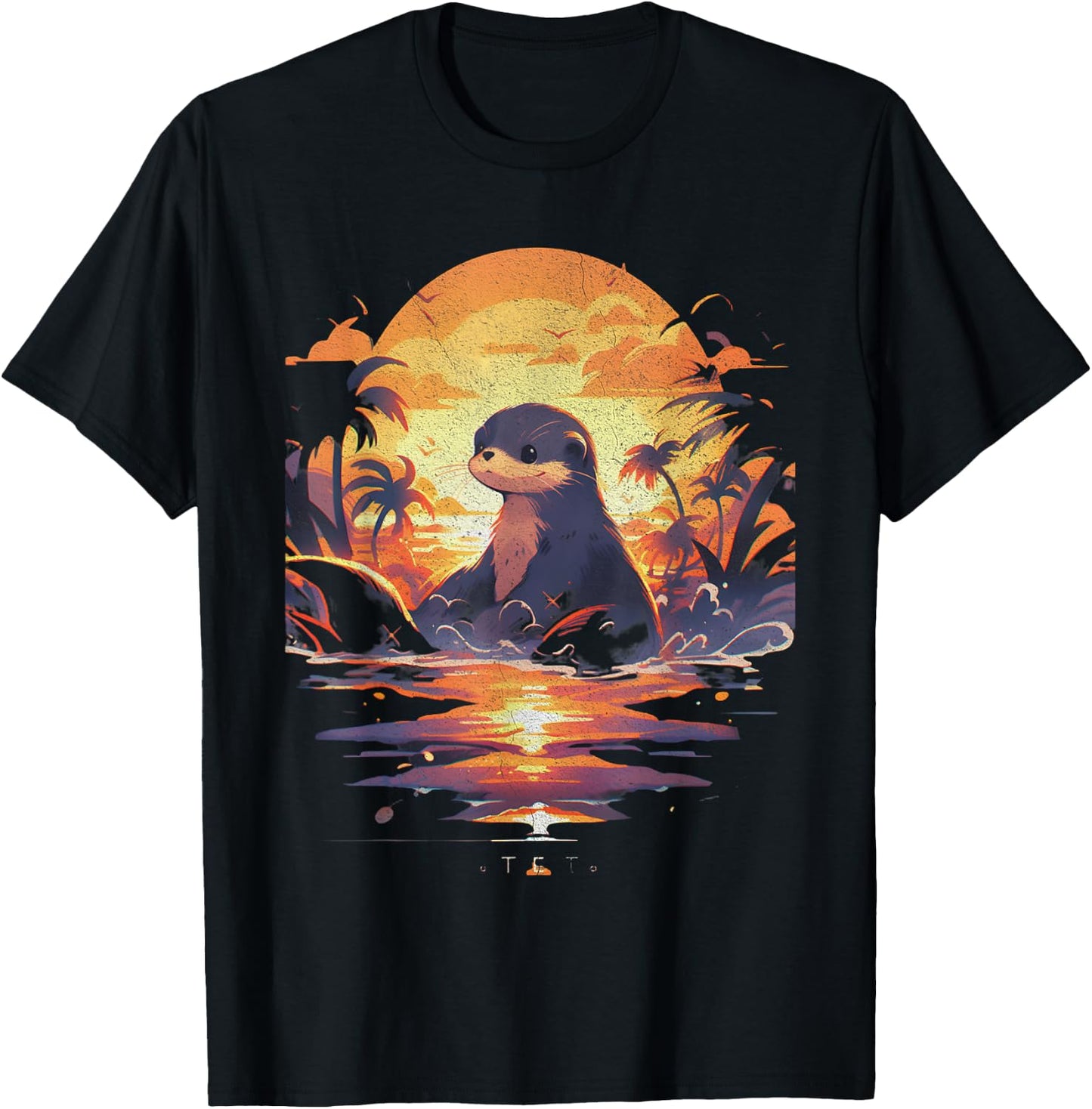 Cute Sunset Otter Tropical Beach Illustration Animal T-Shirt - T-Shirt | Black
