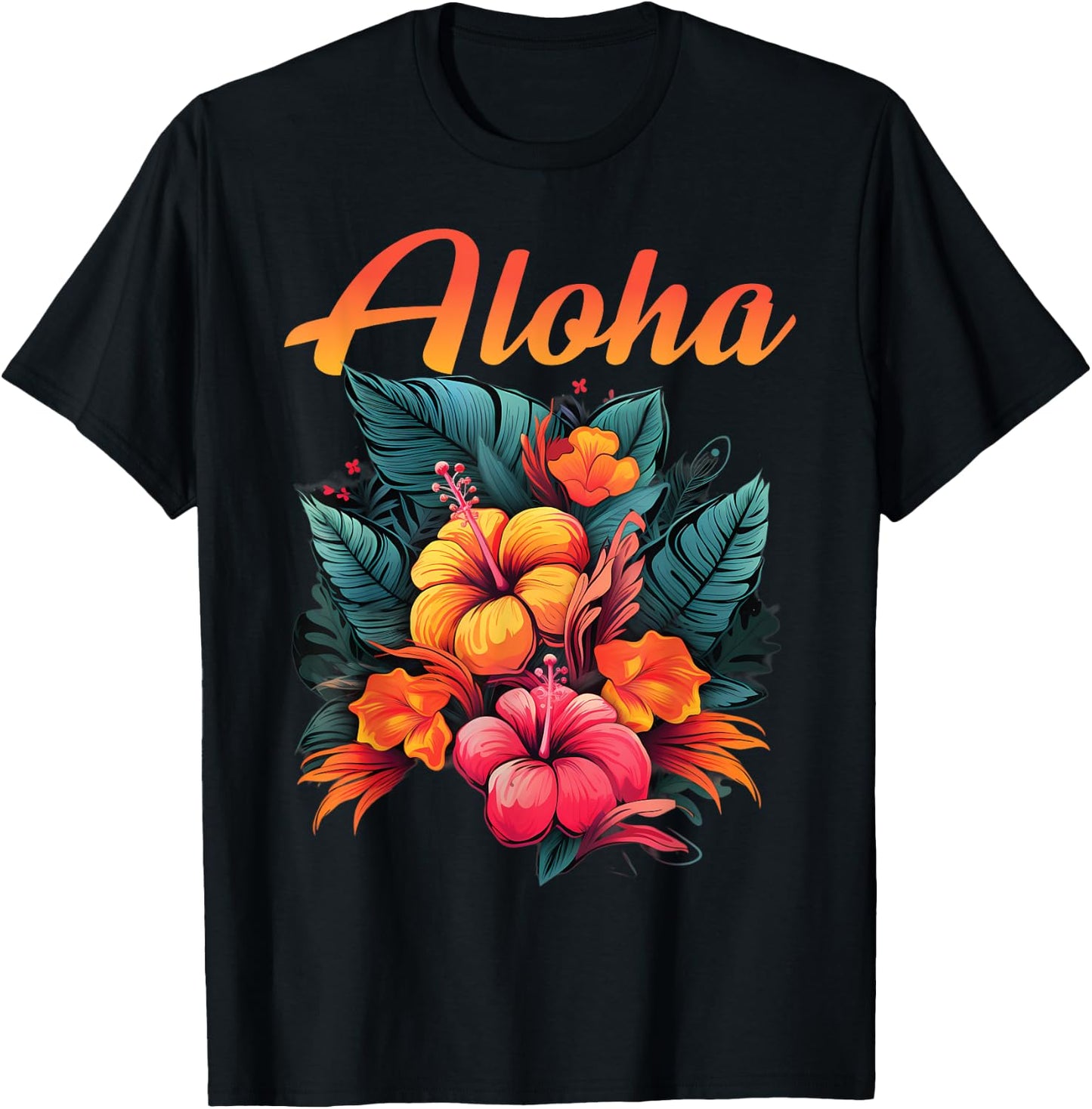 Aloha Tropical Hawaiian Flowers Hibiscus Orchid Hawaiian T-Shirt - T-Shirt | Black