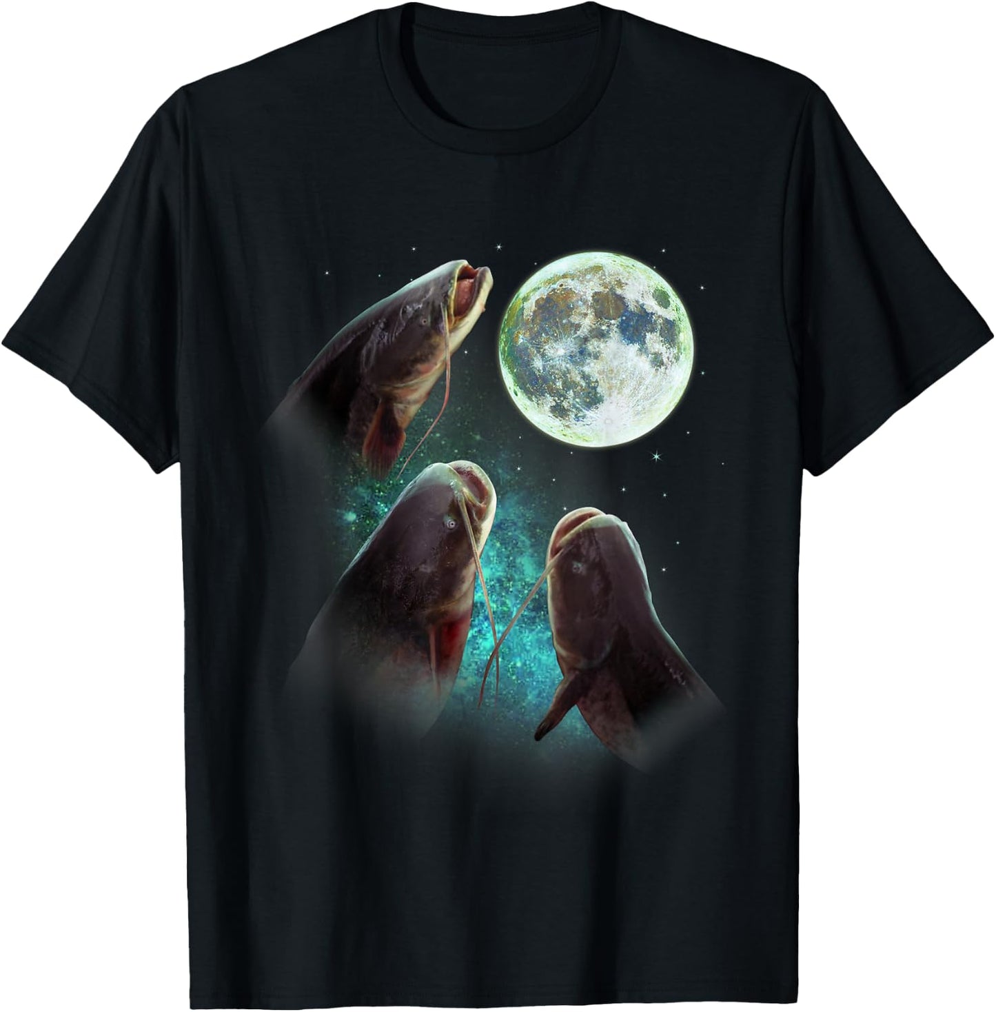 Fisherman Three Catfish Howl At Moon Wolfs Wolves Parody T-Shirt - T-Shirt | Black
