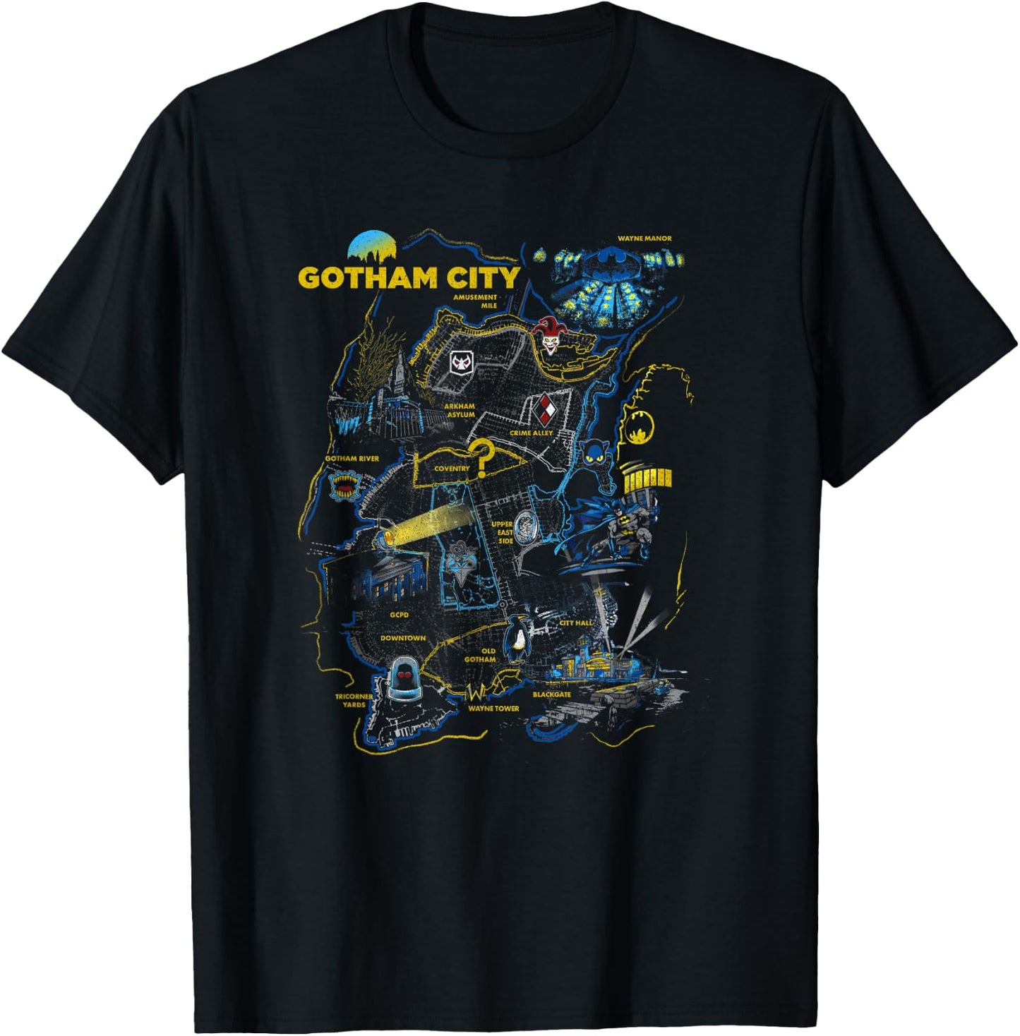 DC Comics Batman Gotham City Map Locations Territorial Logo T-Shirt - T-Shirt | Black