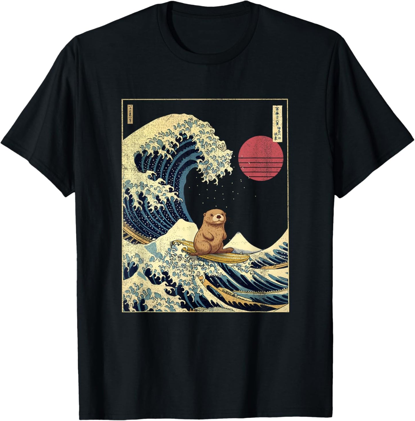 Sea Otter Japanese Kanagawa Wave Funny Surf Animal T-Shirt - T-Shirt | Black