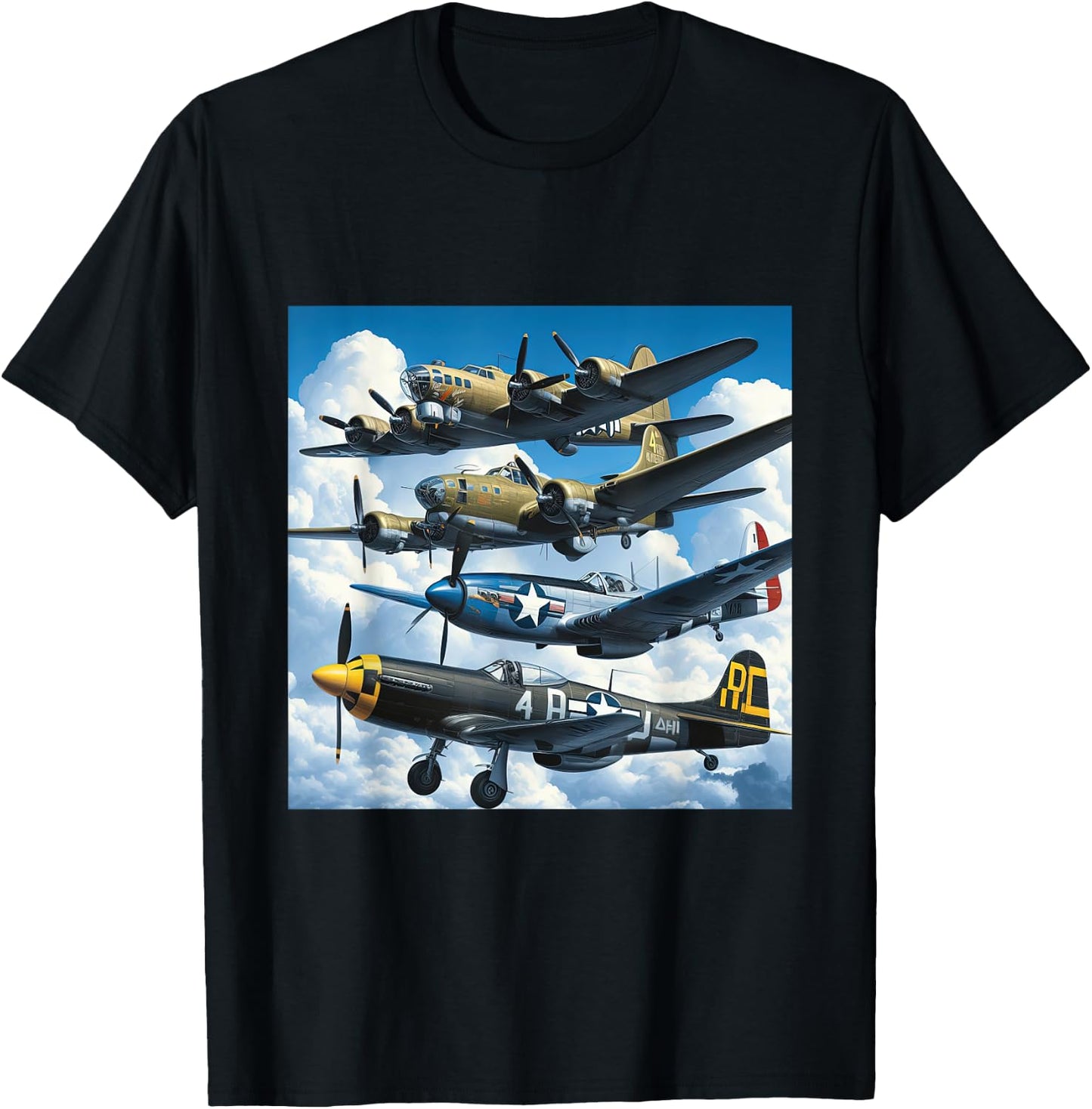 WW2 Warplanes B-17 P51 Mustang F4U Corsair P40 Warhawk T-Shirt - T-Shirt | Black