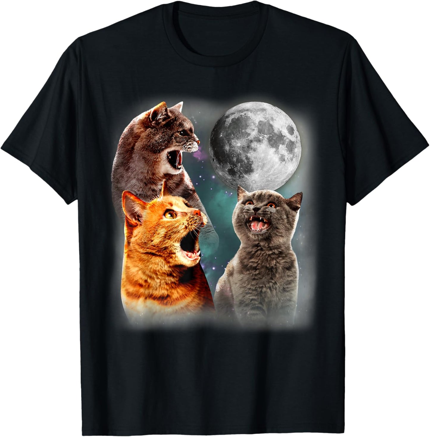 3 Moon Howling Cat Head For Cat Lover, Dad, Mom T-Shirt - T-Shirt | Black