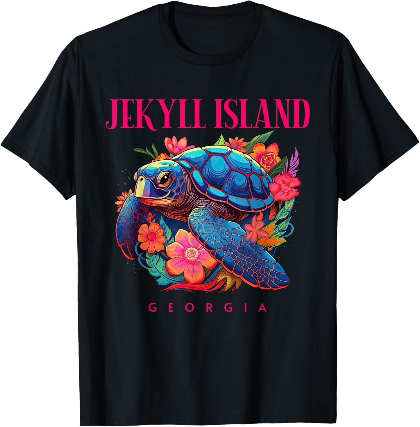 Jekyll Island Georgia Floral Beach Turtle Souvenir T-Shirt - T-Shirt | Black