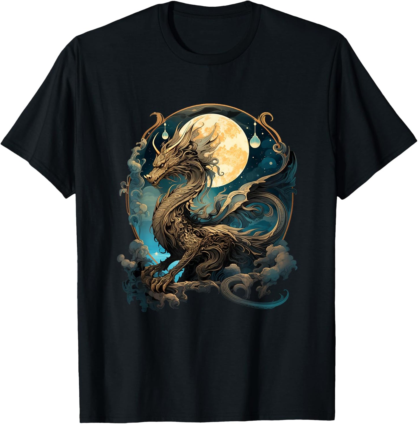 Beautiful Lunar Gold Dragon Floral Art Noveau T-Shirt - T-Shirt | Black
