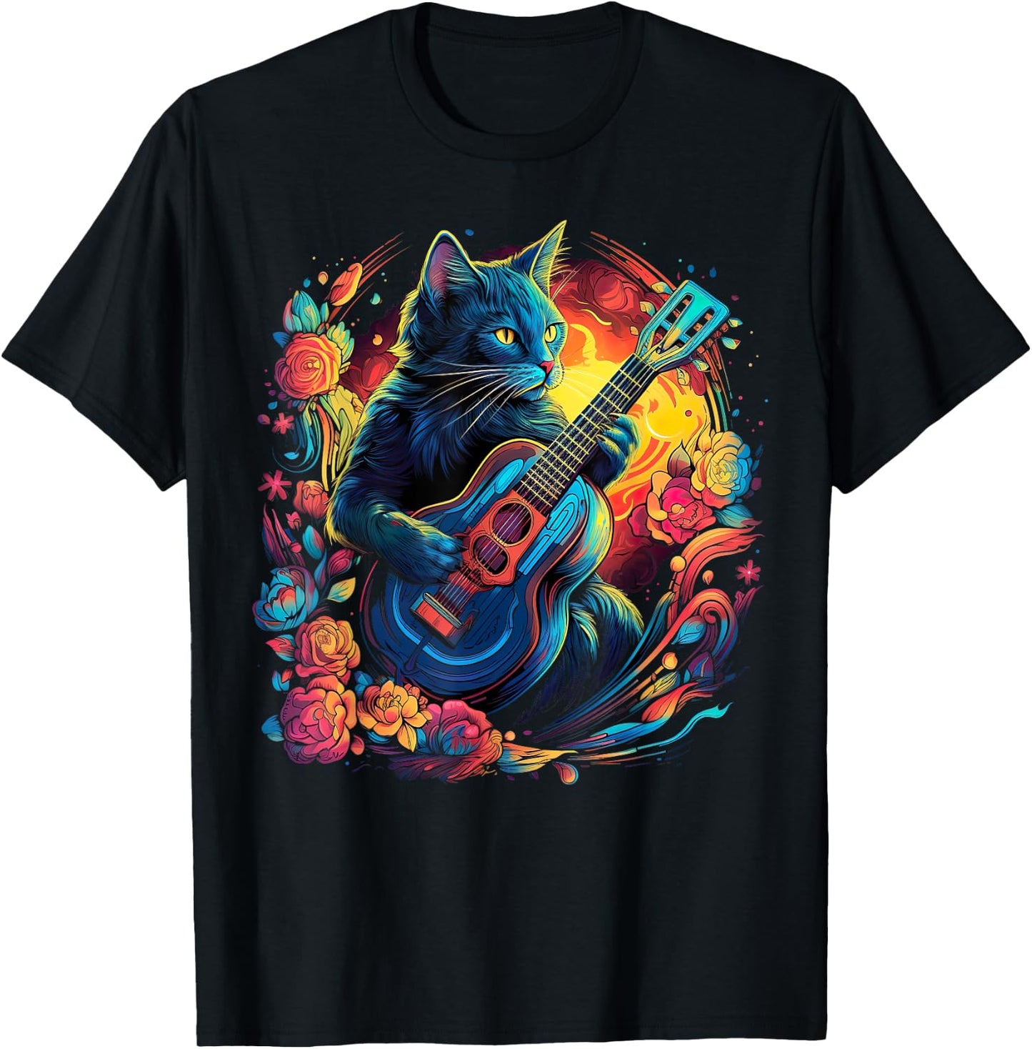 Rock Cat Playing Guitar Cat Funny Guitar Cat Kitty T-Shirt - T-Shirt | Black