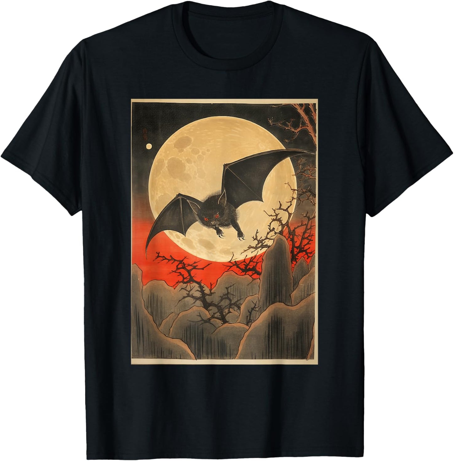 Japanese Woodblock Art 1905 Bat in Moon Meiji Era T-Shirt - T-Shirt | Black