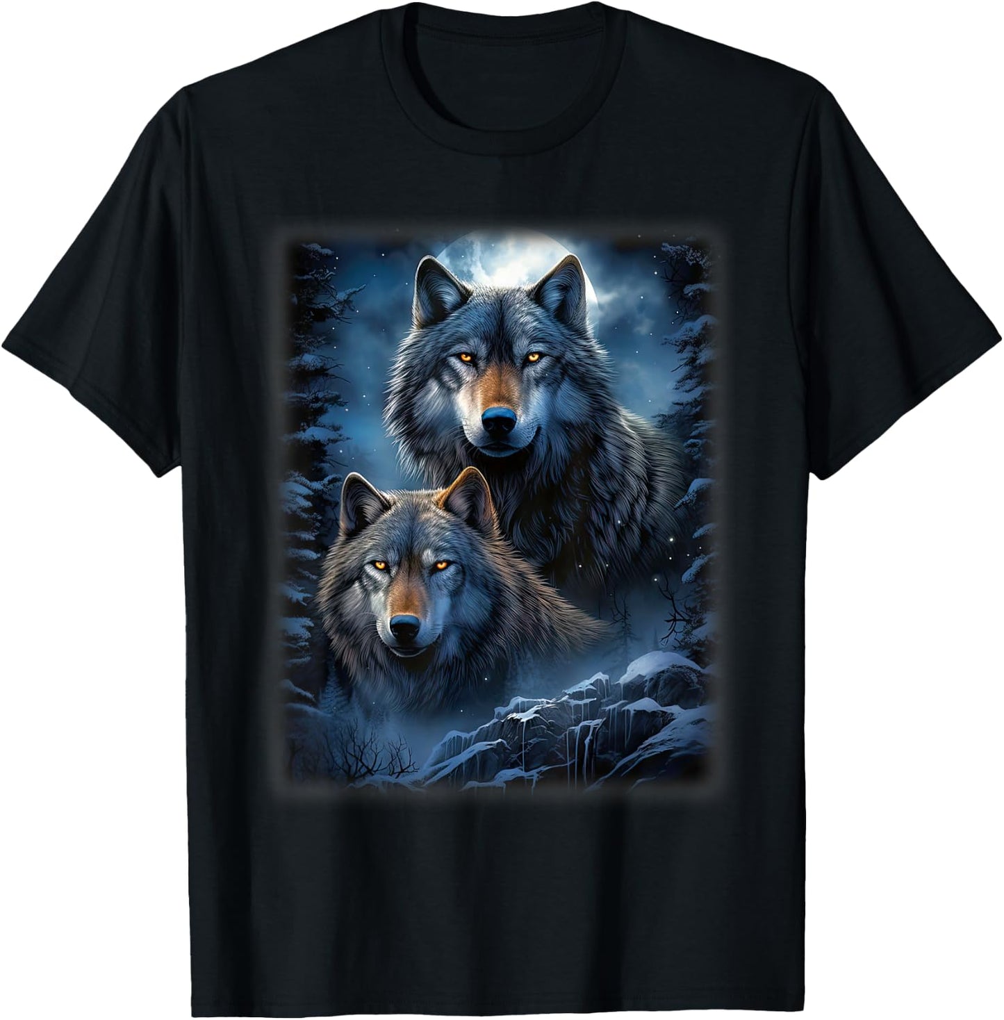 Wolf Wolves in Forest by Night Moon Fantasy Art Wildlife T-Shirt - T-Shirt | Black
