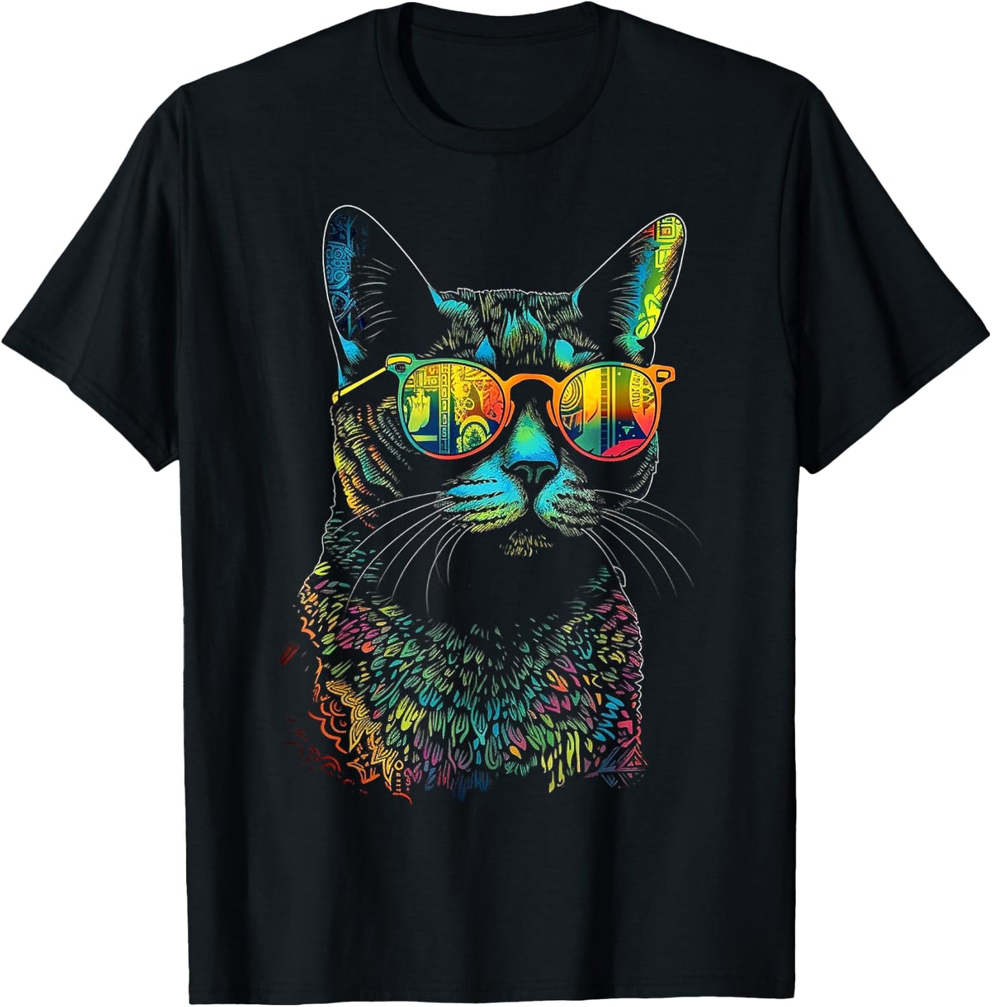 Cat Sunglaess Colorful Artwork | Animal Motif Cat T-Shirt - T-Shirt | Black