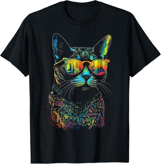 Cat Sunglaess Colorful Artwork | Animal Motif Cat T-Shirt - T-Shirt | Black