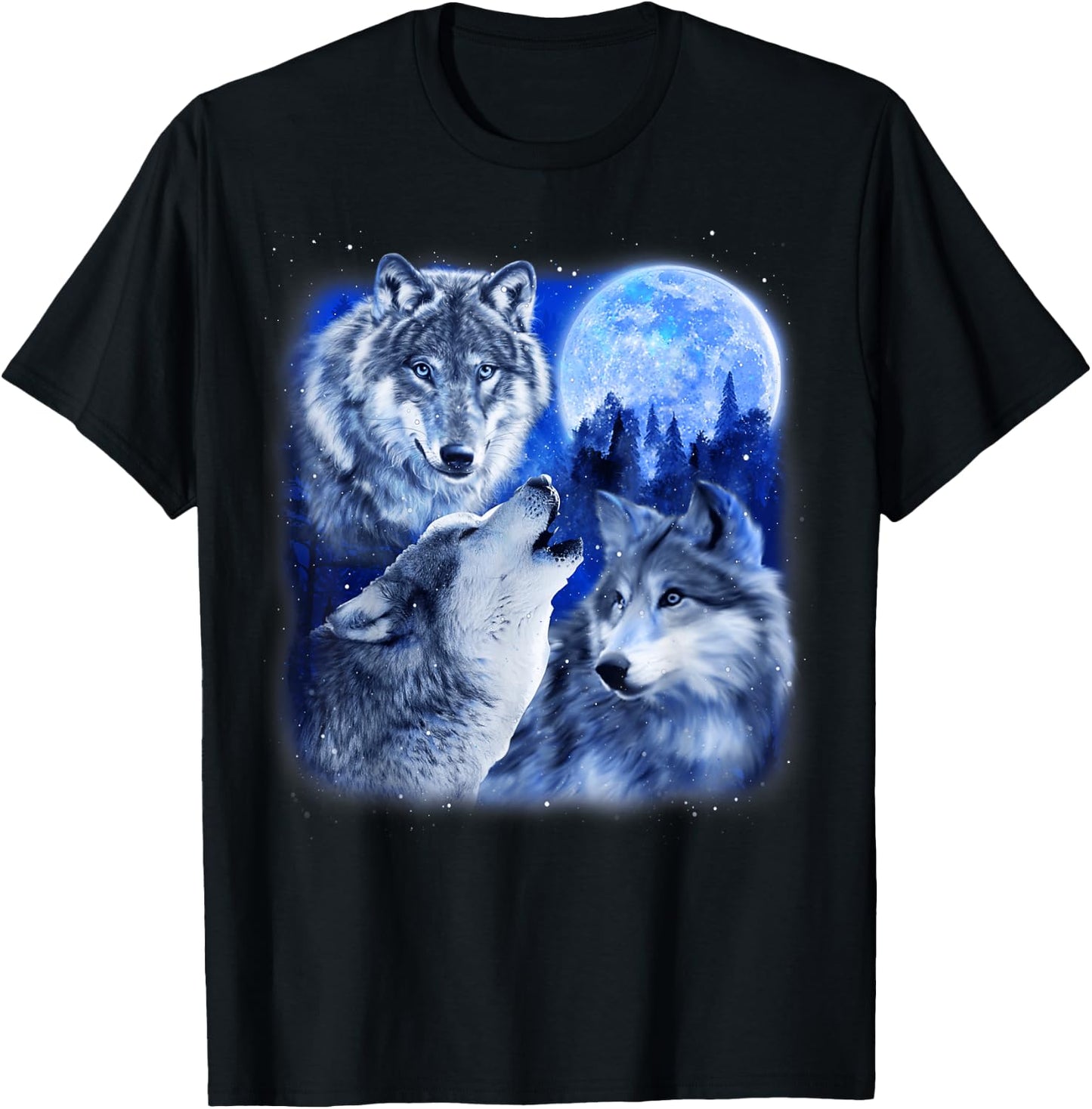 Three Wolves 3 Grey Wolf Howling At The Moon Wild Animal T-Shirt - T-Shirt | Black
