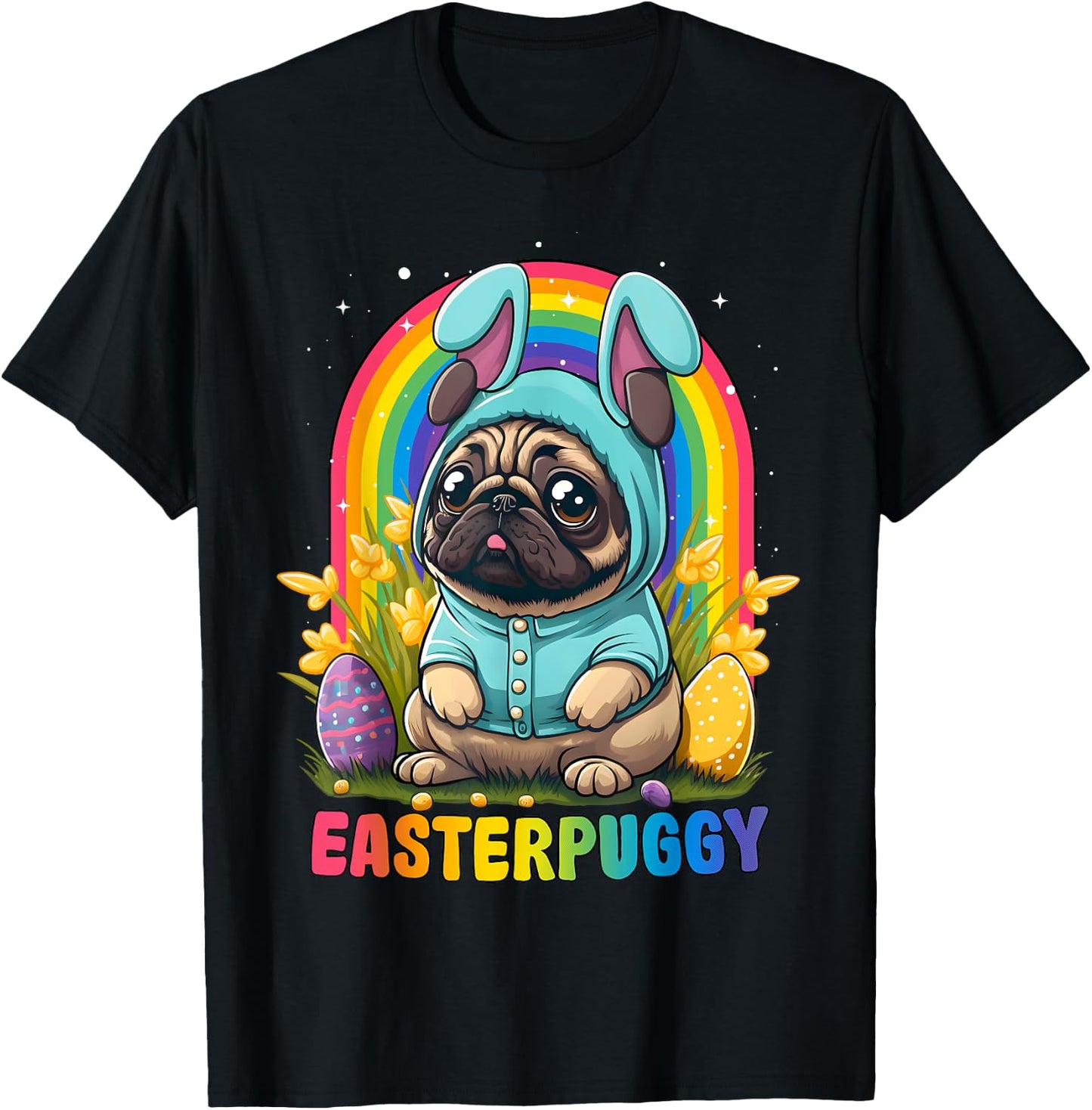 Funny Easter Pug Dog Easterpuggy Cute Pug Lover Rainbow Women Kids T-Shirt - T-Shirt | Black