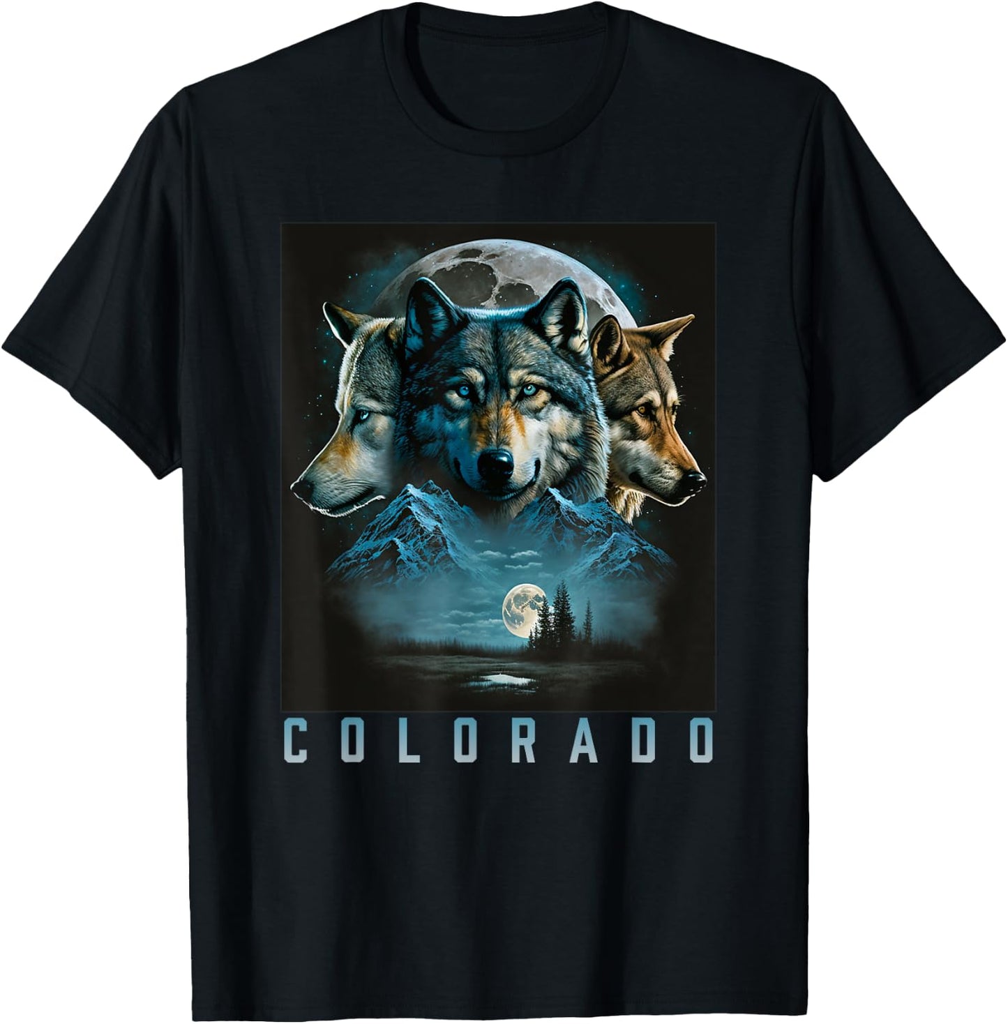 Colorado Mountain Wolf - Three Wolf Moon & Stars Retro T-Shirt - T-Shirt | Black