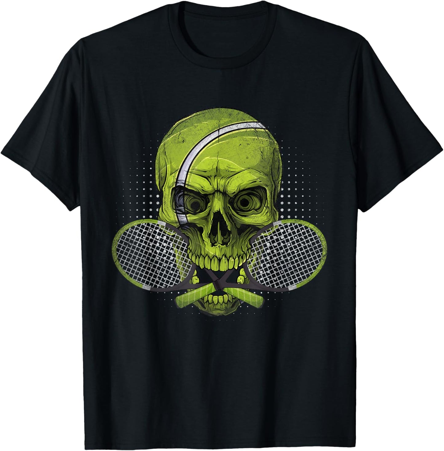 Skeleton Head Skull Tennis Ball & Rackets Happy Halloween T-Shirt - T-Shirt | Black