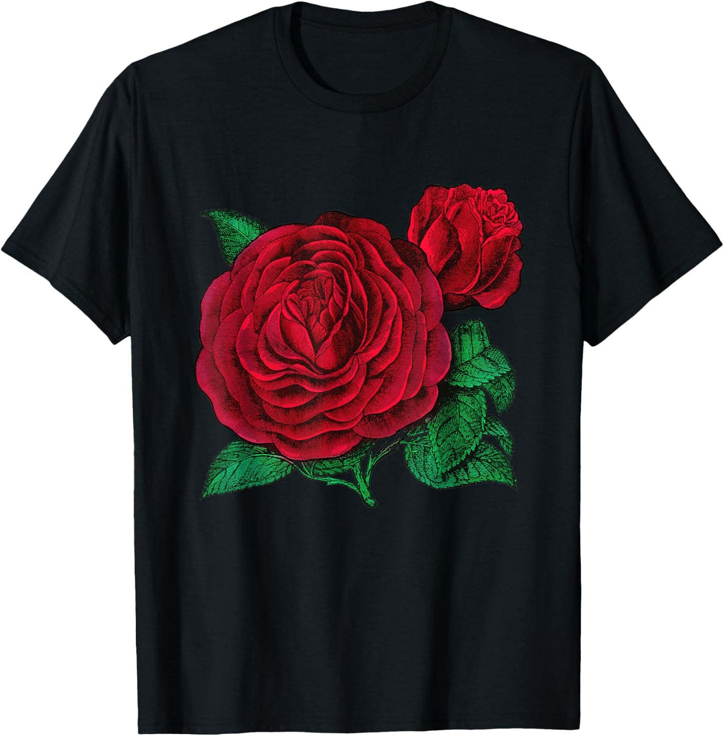 Vintage Red Roses Flower Floral Illustration Blossom Lovers T-Shirt - T-Shirt | Black