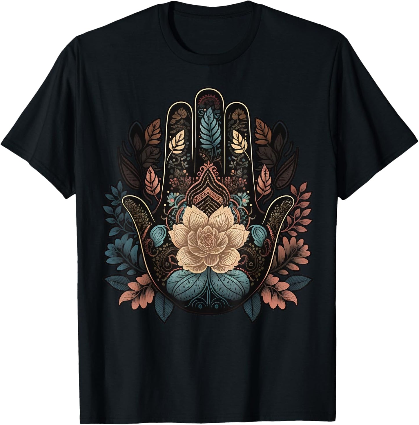 Floral Khamsah or Hand of Fatima on flower Hand of Hamsa T-Shirt - T-Shirt | Black