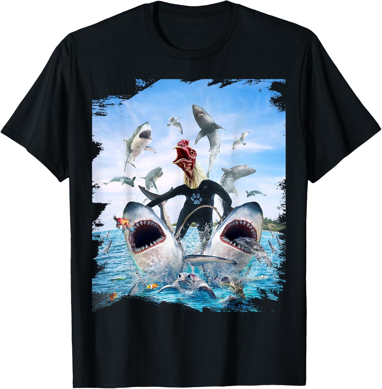 Chicken Riding Shark Sharks At Beach Ocean Funny T-Shirt - T-Shirt | Black