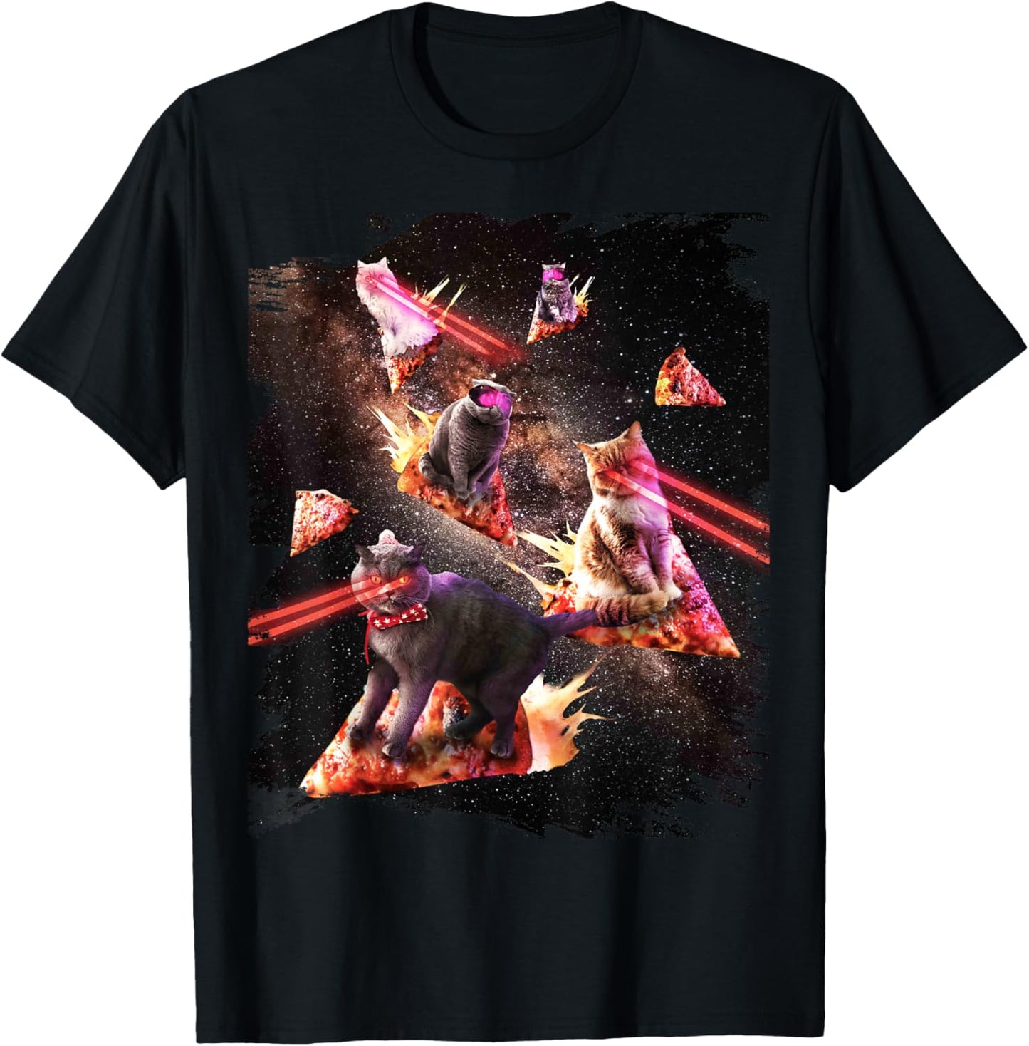 Galaxy Laser Cat - Space Pizza Cats with Lazer Eyes T-Shirt - T-Shirt | Black