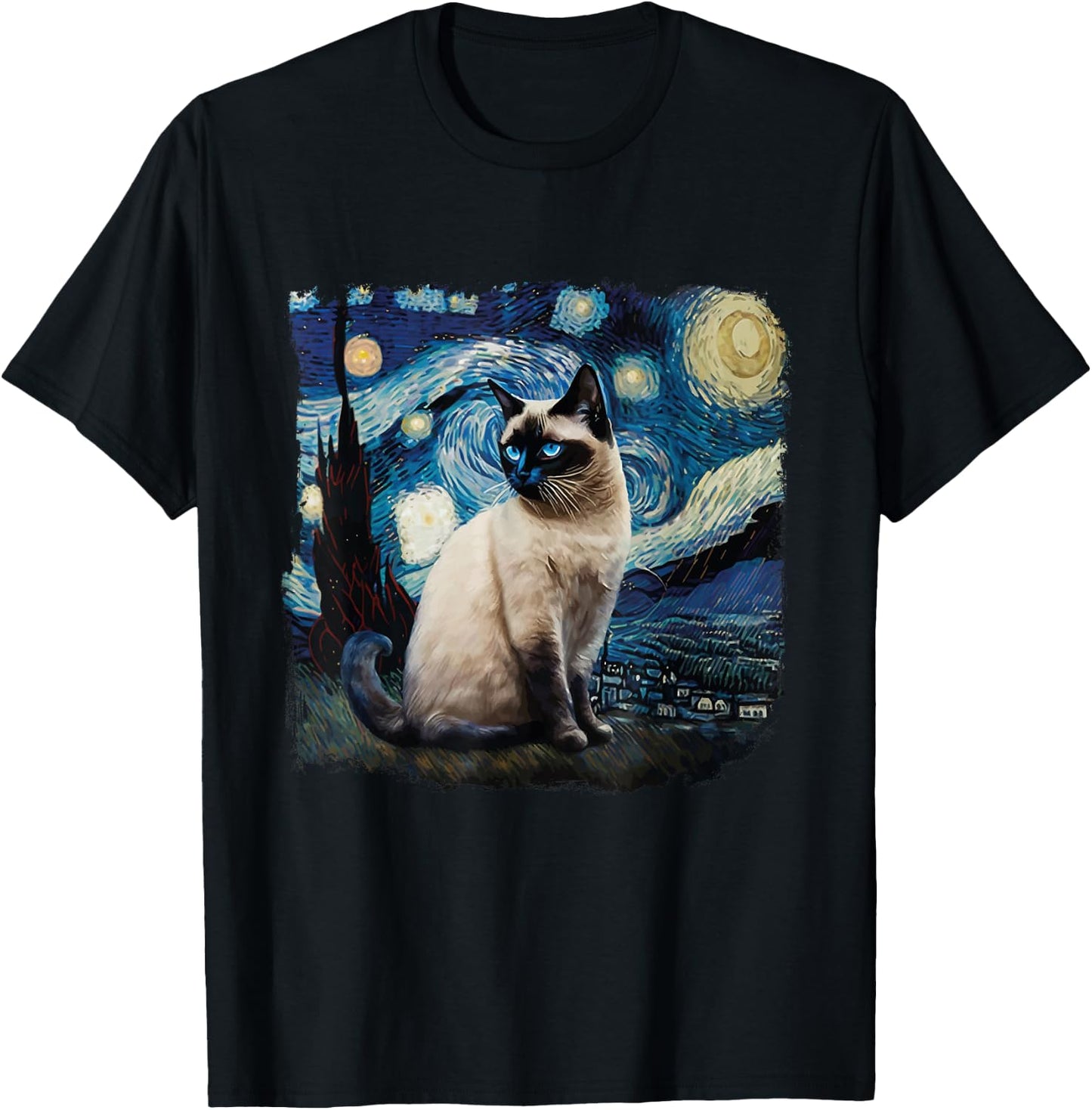 Cute Van Gogh Starry Night Cat Siamese Cat Lover Funny T-Shirt - T-Shirt | Black
