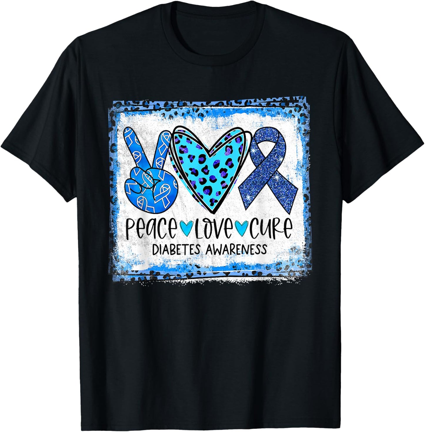 Peace Love Cure Blue Ribbon T1D Type 1 Diabetes Awareness T-Shirt - T-Shirt | Black