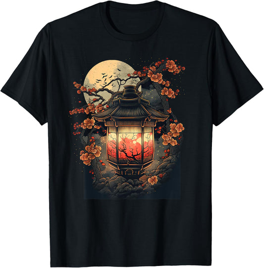 Japanese Pagoda Lantern Japan Art Sakura Blossom Zen Art T-Shirt - T-Shirt | Black