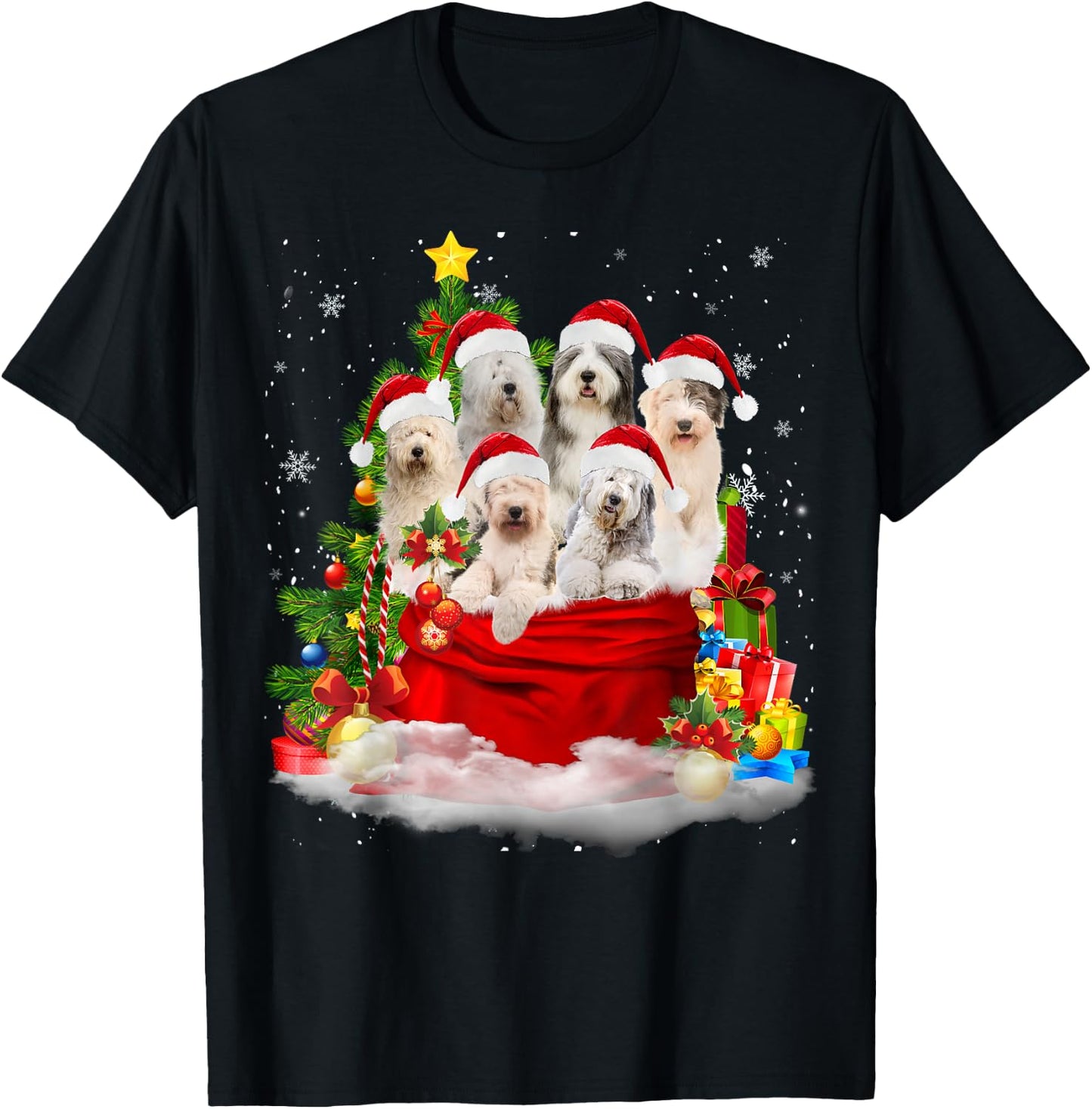 Old English Sheepdog Christmas Santa Claus Bag Xmas Pajama Men Women Kids T-Shirt - T-Shirt | Black