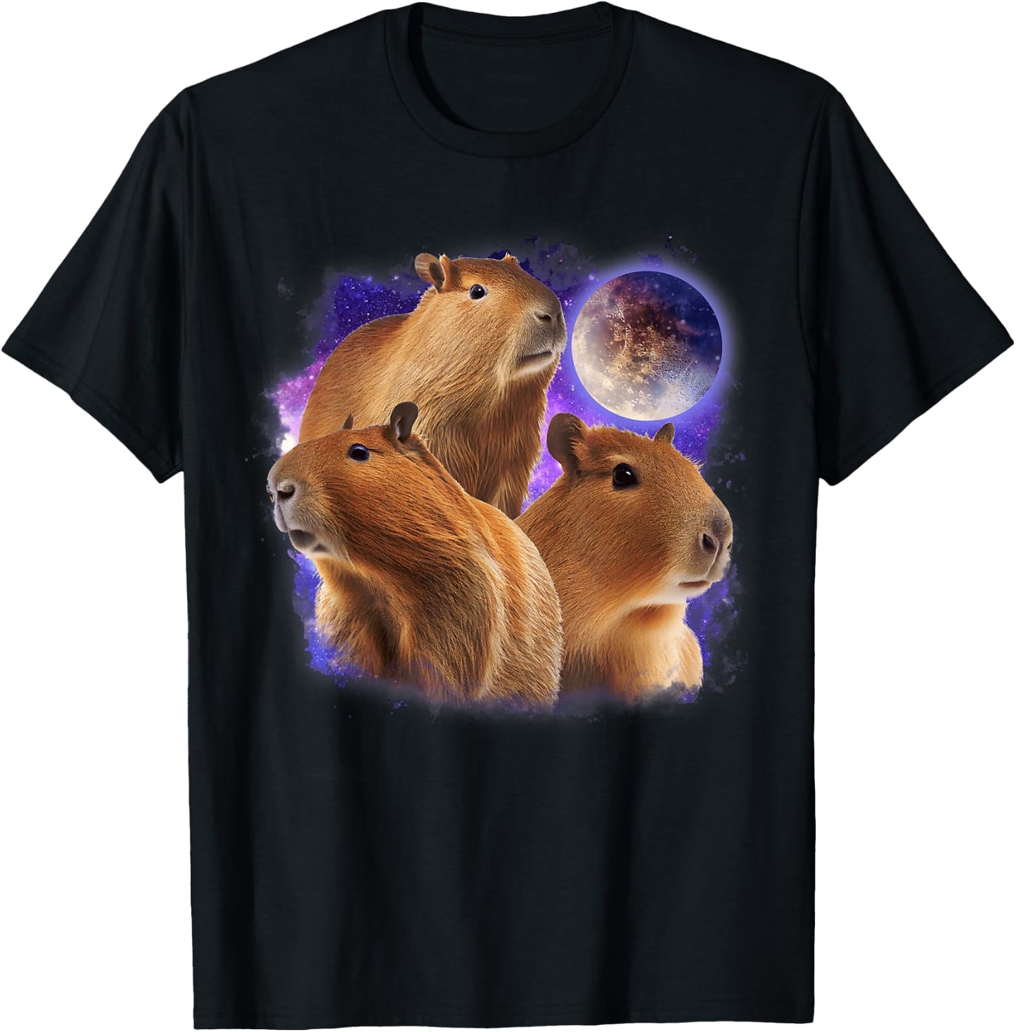 Full Moon Three Capybara Funny 3 Rodent Galaxy Capybaras T-Shirt - T-Shirt | Black