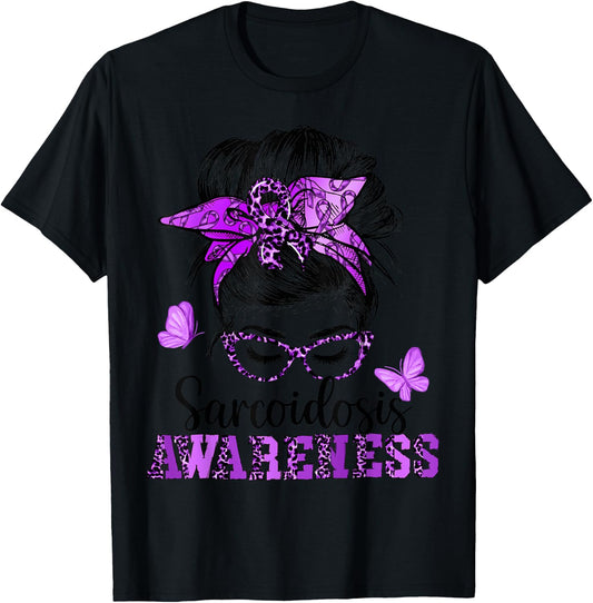 Messy Hair Bun Purple Ribbon Butterfly Sarcoidosis Awareness T-Shirt - T-Shirt | Black