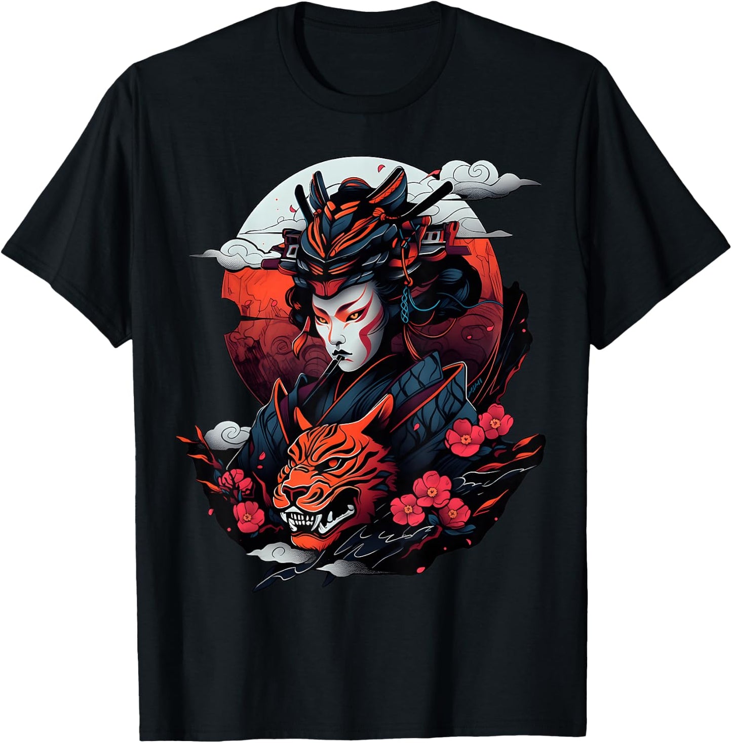 Samurai and Tiger Bold Graphic with Traditional Japanese Art T-Shirt - T-Shirt | Black