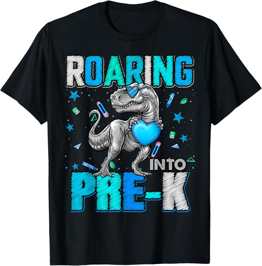 Roaring Into Pre K Dinosaur T Rex Back To School Boys T-Shirt - T-Shirt | Black