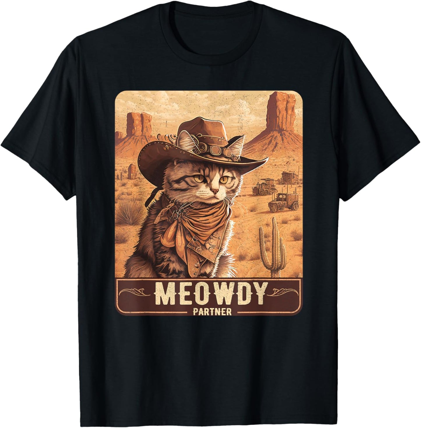 Meowdy! Funny Country Music Cat Cowboy Hat Poster Funny T-Shirt - T-Shirt | Black