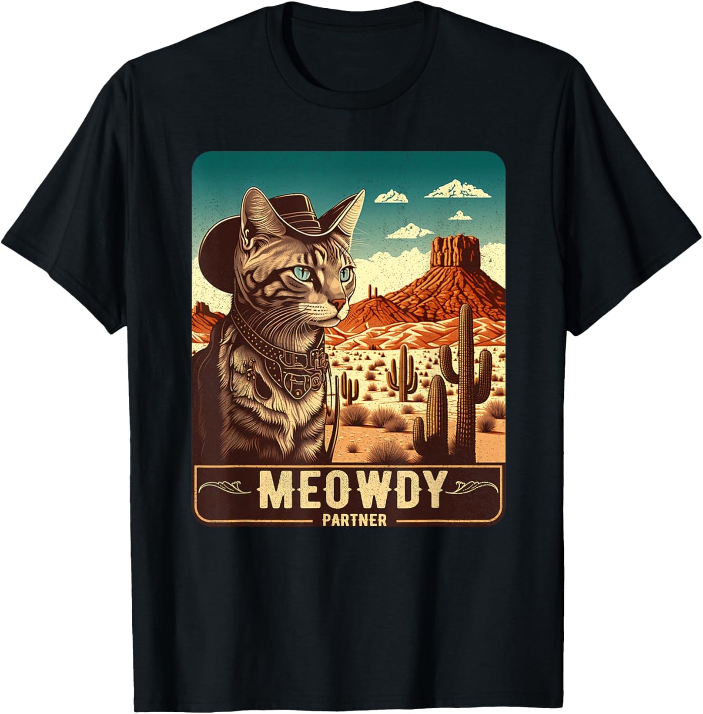 Meowdy! Funny Country Music Cat Cowboy Hat Poster Funny T-Shirt - T-Shirt | Black