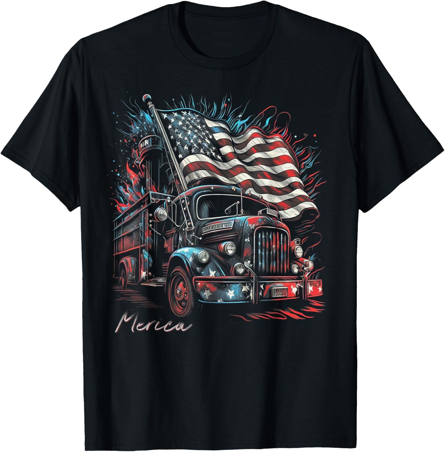 Fireman Firefighter 4th of July American Flag USA Funny T-Shirt - T-Shirt | Black