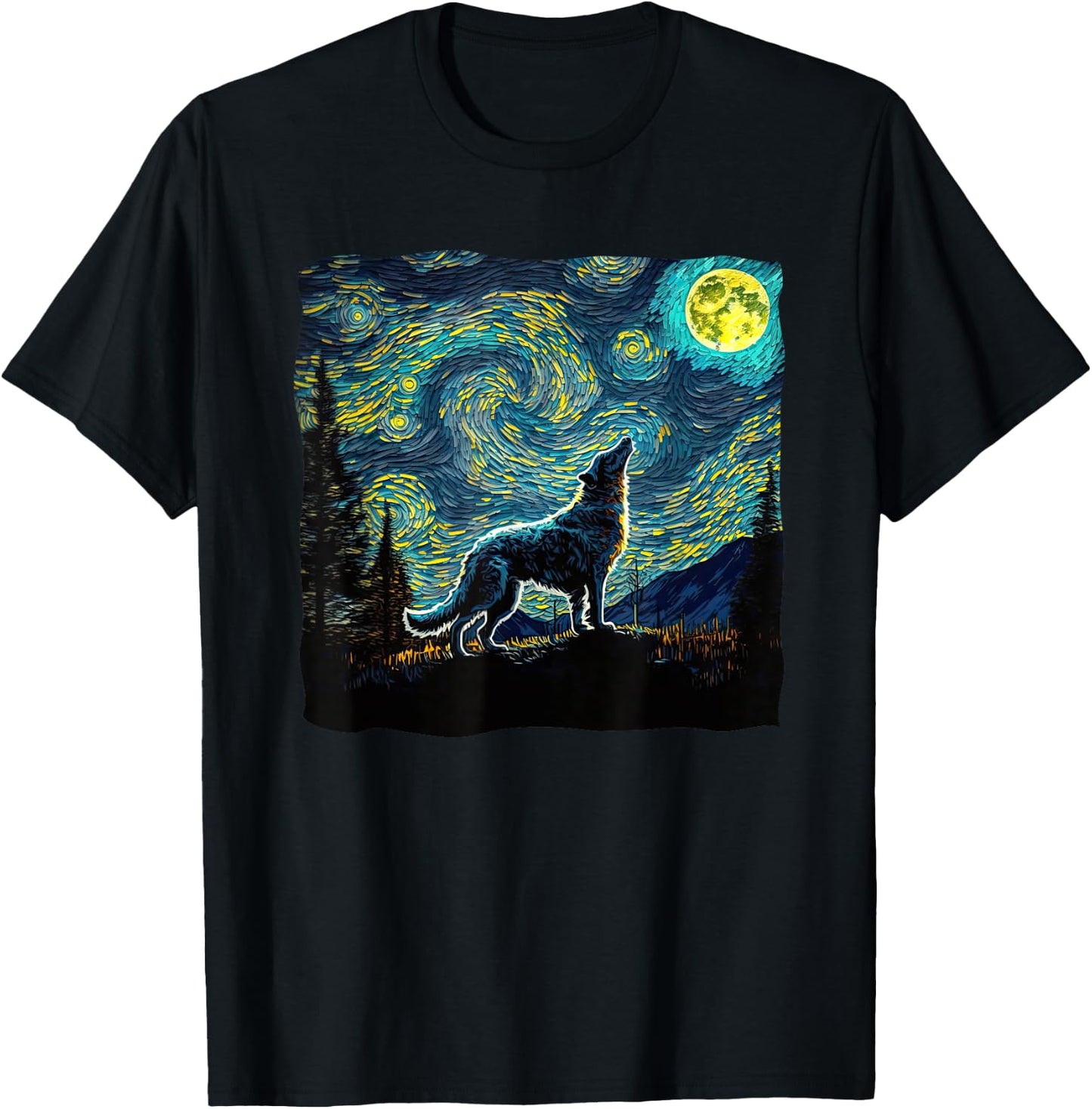 Wolf Starry Night Wilderness Howling Moon Van Gogh Painting T-Shirt - T-Shirt | Black