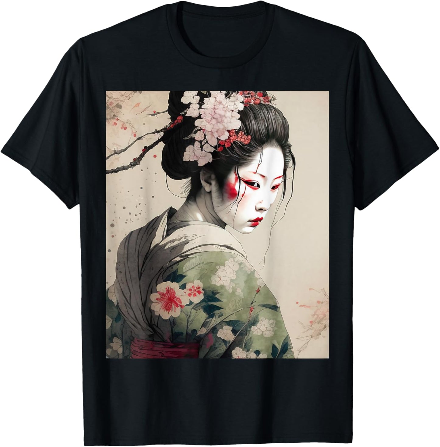 Beautiful Japanese Dark Geisha Sakura Blossoms Kimono T-Shirt - T-Shirt | Black