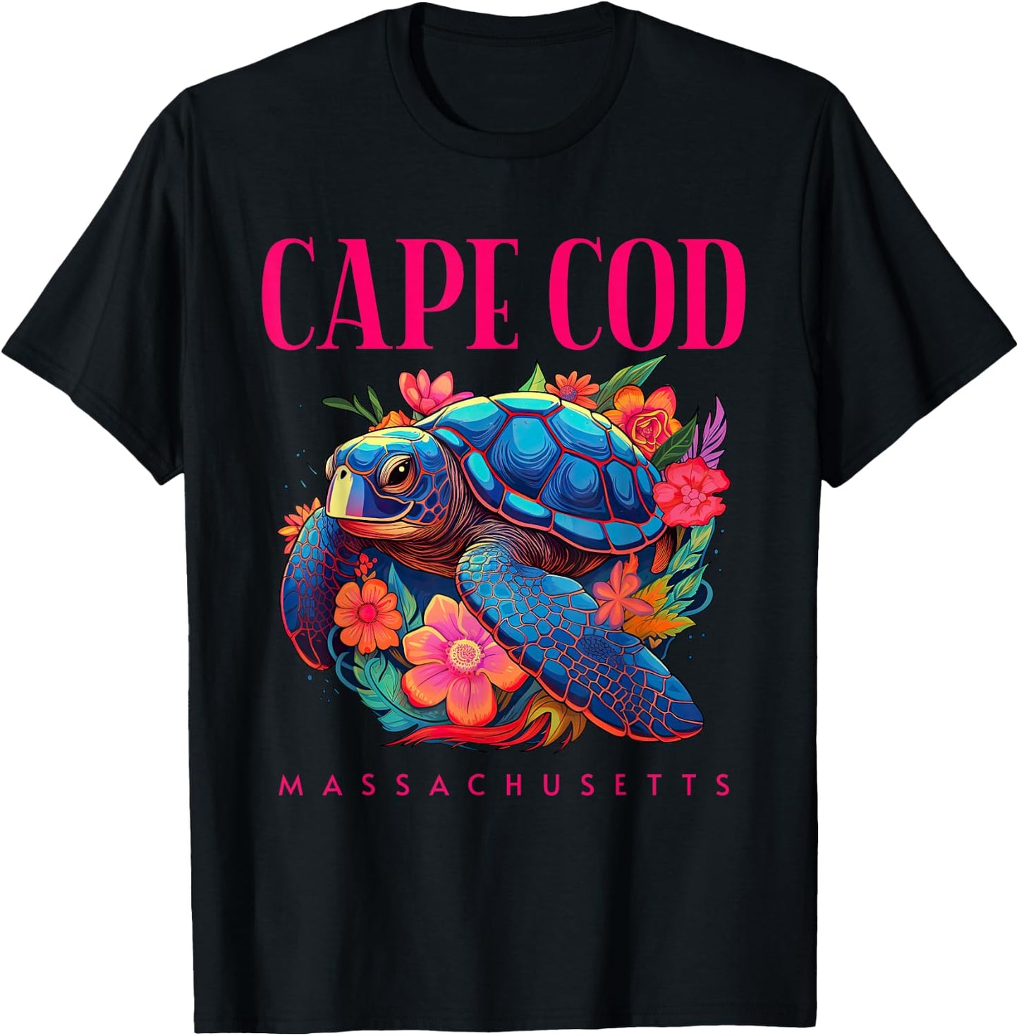 Cape Cod Massachusetts Floral Beach Turtle Souvenir T-Shirt - T-Shirt | Black
