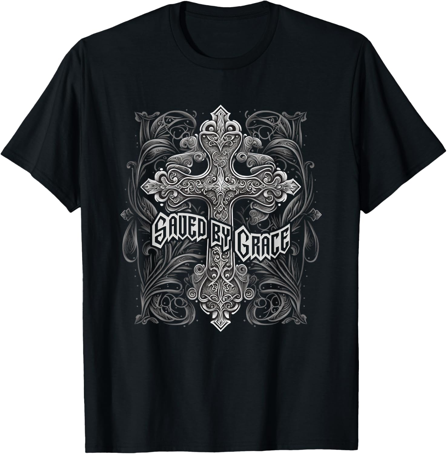 Saved By Grace Christian Graphic Design Gothic Cross T-Shirt - T-Shirt | Black