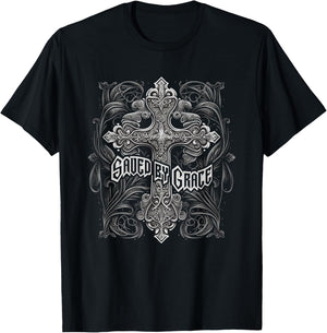 Saved By Grace Christian Graphic Design Gothic Cross T-Shirt - T-Shirt | Black