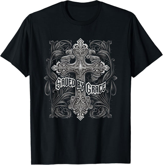 Saved By Grace Christian Graphic Design Gothic Cross T-Shirt - T-Shirt | Black