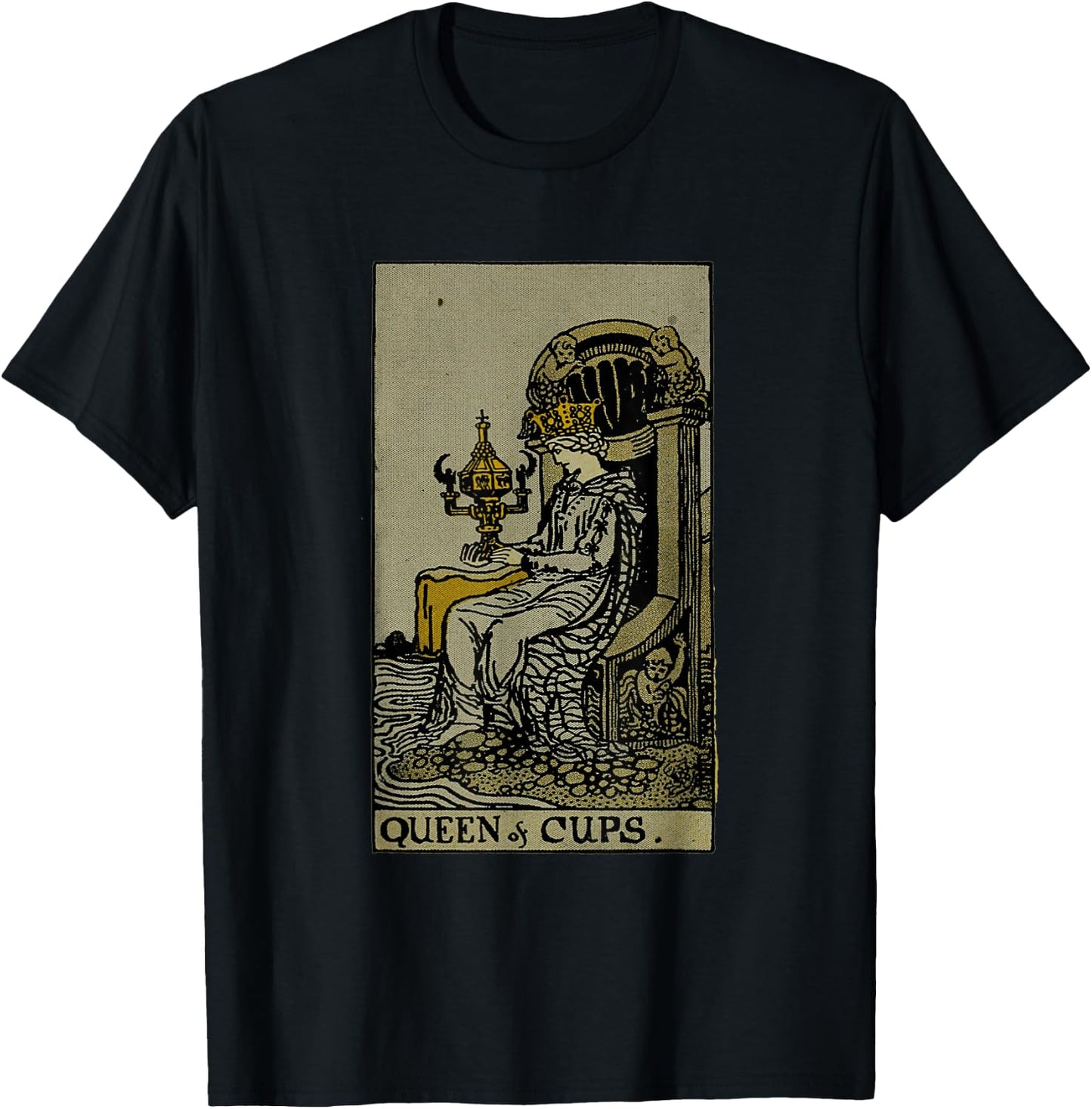 Vintage Tarot Card Queen of Cups T-Shirt - T-Shirt | Black