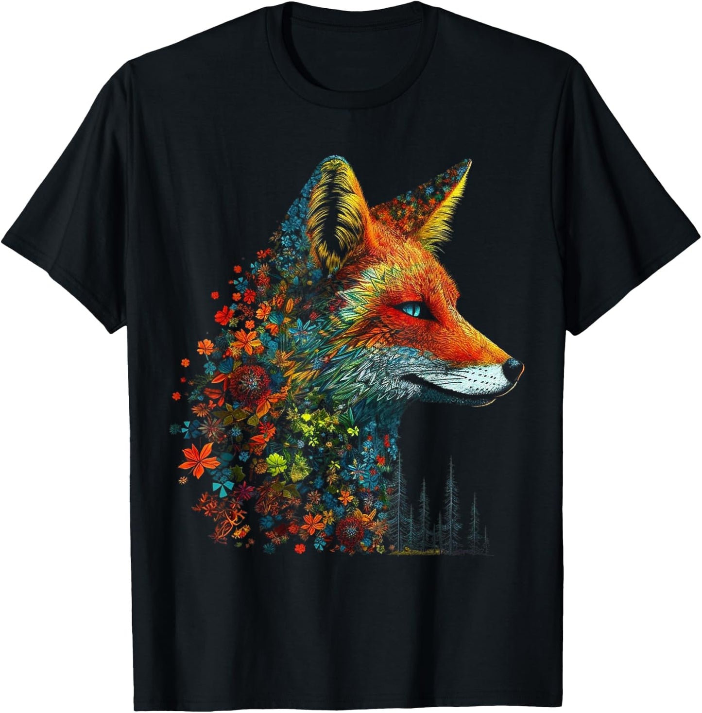 Fox Colourful Flowers - Blue Eyes Animal Art Fox T-Shirt - T-Shirt | Black