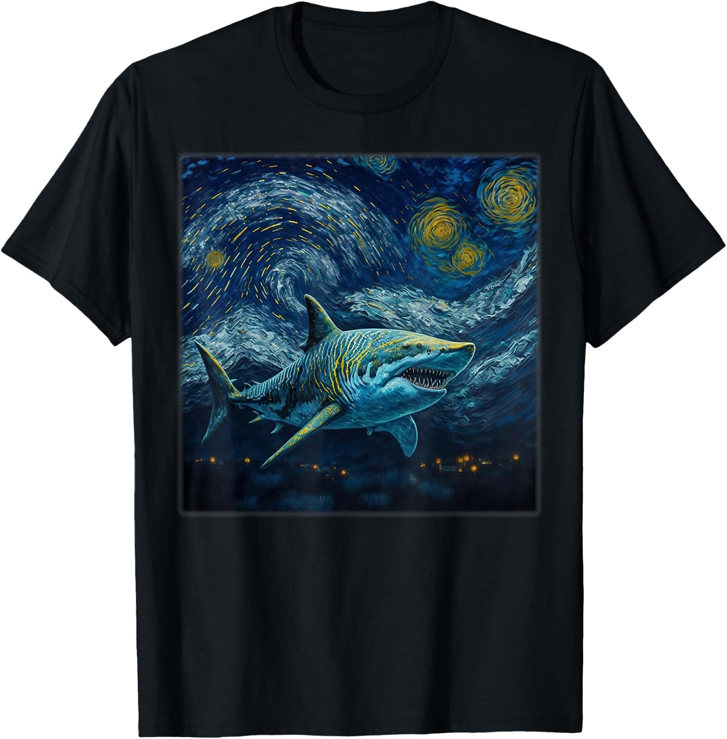 Surrealism Starry Night Tiger Shark T-Shirt - T-Shirt | Black