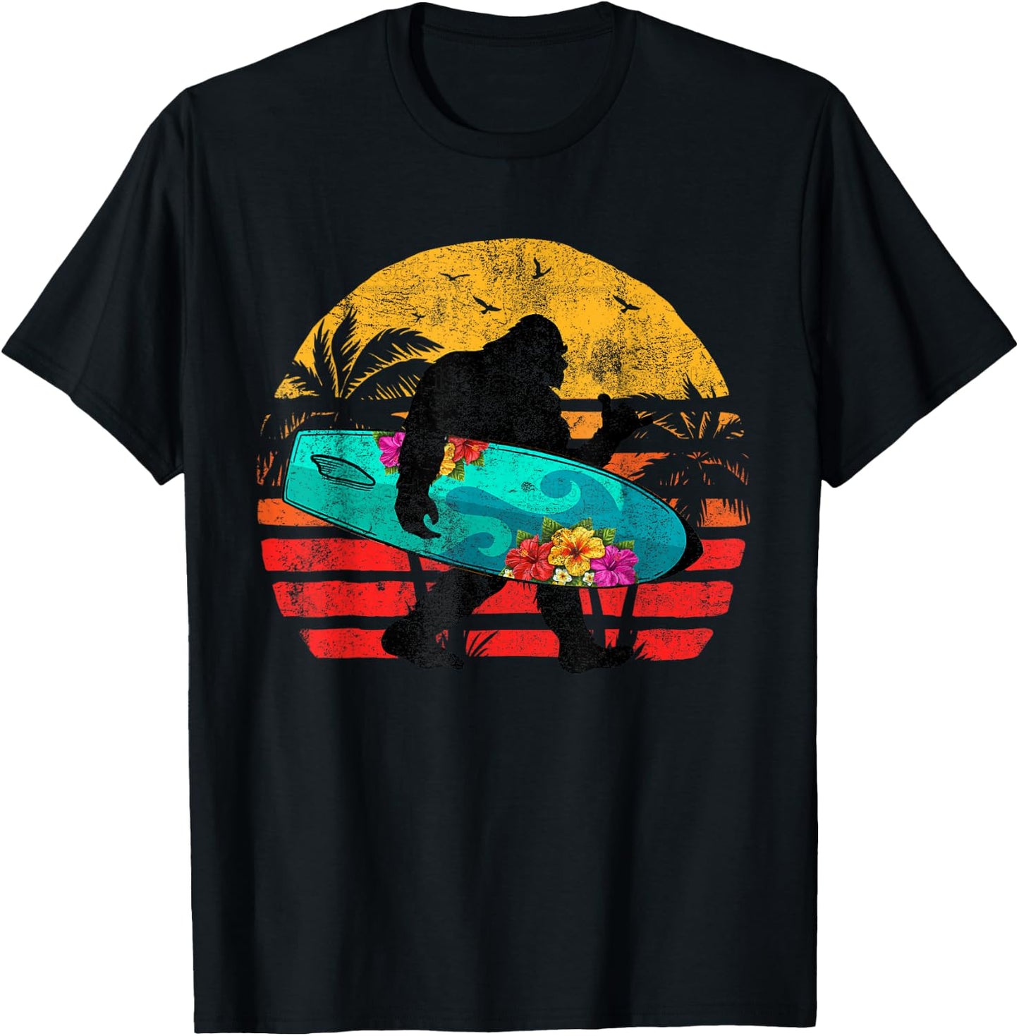 Funny Shaka Aloha Bigfoot Surfing Retro Hawaii Surfer Lover T-Shirt - T-Shirt | Black