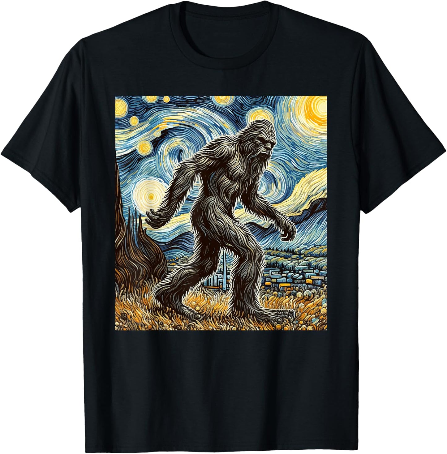 Funny Bigfoot Starry Night Sasquatch Van Gogh Sky Painting T-Shirt - T-Shirt | Black